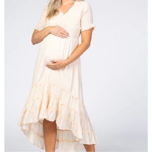 Pinkblush Polagram Cream Smocked Ruffle High Low Maternity Midi Dress